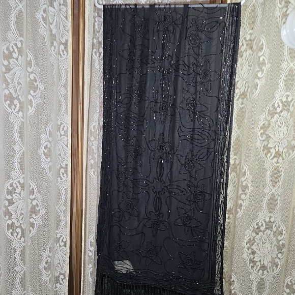 Accessories - Elegant Black Hand Beaded Shawl with Fringe-1A